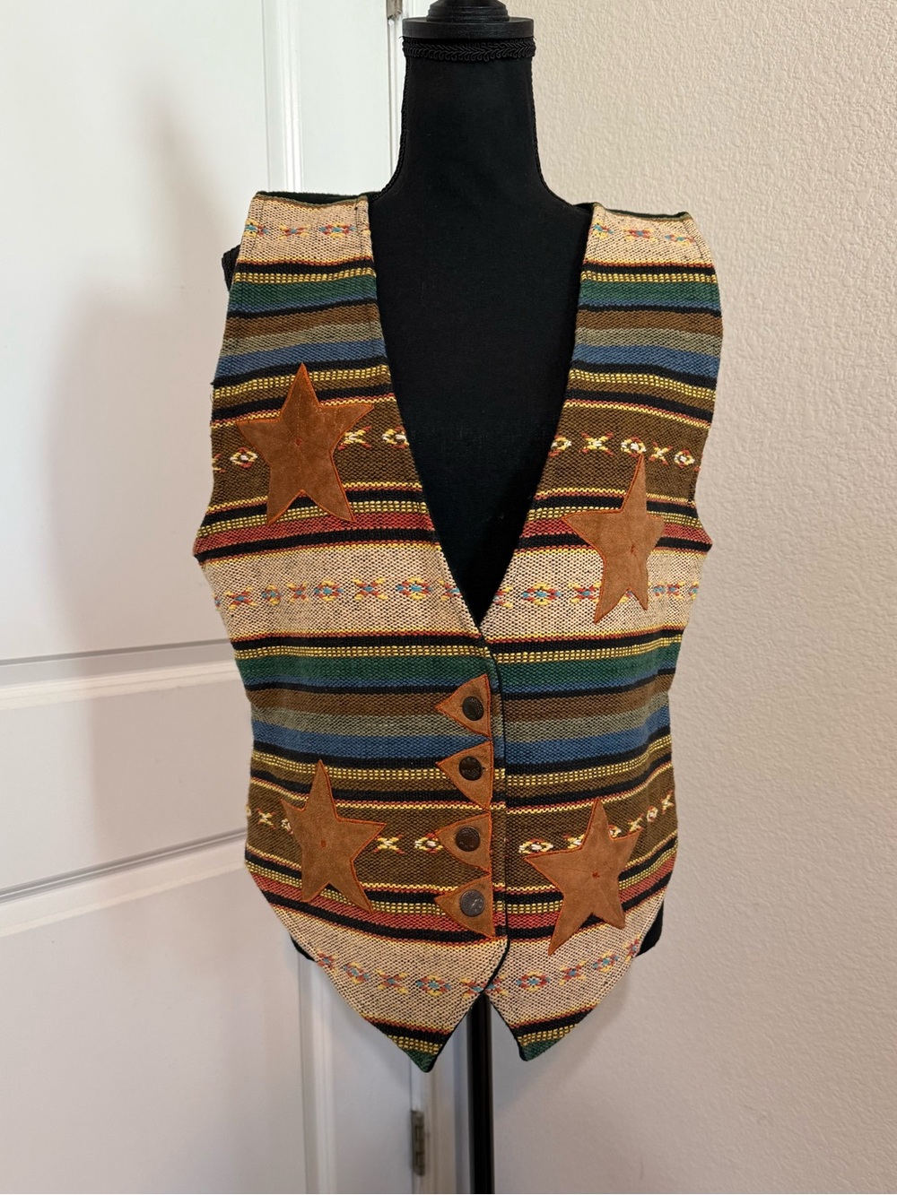 Jane Ashley SZ M Multi Colored Western Vest Button Front Cotton/Leather Stars